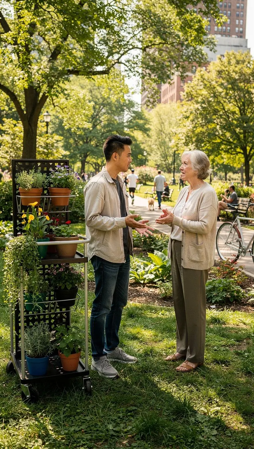 Urban garden setup with sustainable planting equipment.